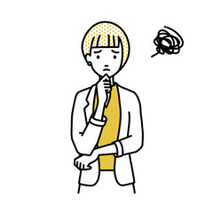 立って手をあごにあてて困っているジャケットの女性