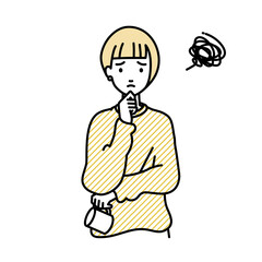 立って手をあごにあてて困っているリモートワークの女性