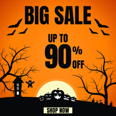 90 Percent Off, Halloween Big Sale Sign, Discount Sign Banner or Poster. Special offer price signs