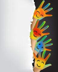 happy painted children's hand background with copy space and paper
