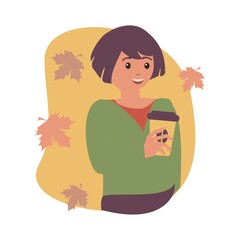 Young woman drink coffee on a background with autumn leaves. Vector illustration.