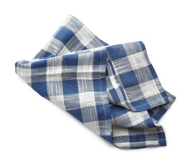 Blue checkered kitchen towel isolated on white, top view