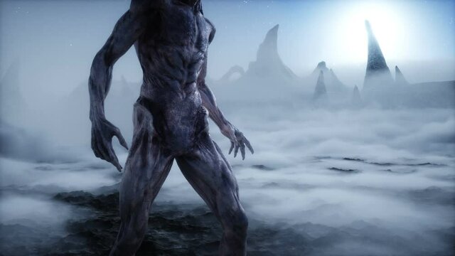 Alien on alien planet. Mars surface. UFO concept. Realistic 4k animation.