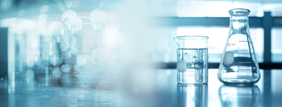flask and beaker in medical health science line of technology banner background