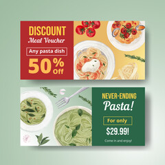 Voucher template with pasta cancept,watercolor style