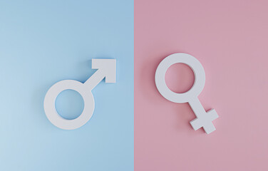 White sign of man on blue background and woman sign on pink background for equal business human...