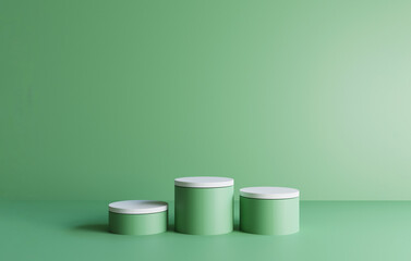 Triple green Cylinder podium with minimal wall design on green background for ecology product stage display by 3d rendering technique.
