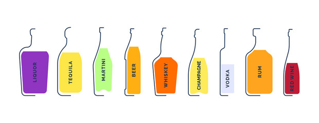Bottle liquor, tequila, martini, beer, whiskey, champagne, vodka, rum and red wine in linear flat style on white background. Black thin outline in the form of a contour shadow and color fill