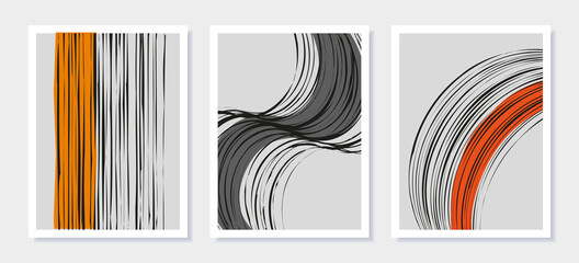 Abstract minimal posters set. Trendy geometric vector templates with line art texture.