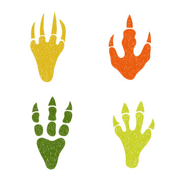 Dinosaur footprint set. Doodle colorful vector illustration of dinosaur paws with claws.