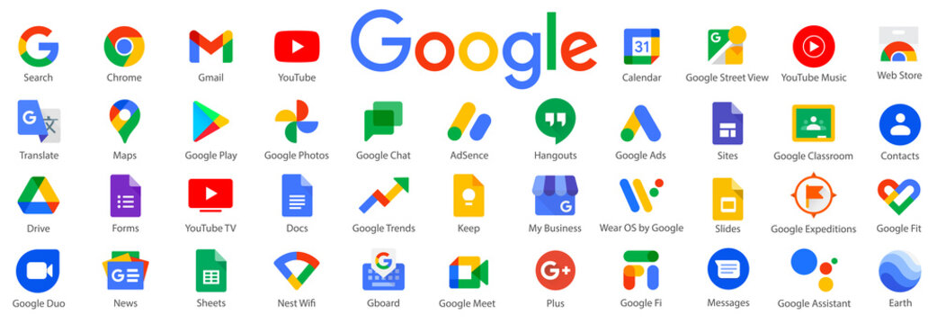 Google product logo. Set of Google products. Google Chrome, Translate, Gmail, Maps, Drive. Vector illustration