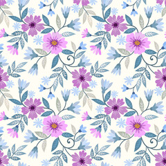 Beautiful purple flowers and green leaf seamless pattern.