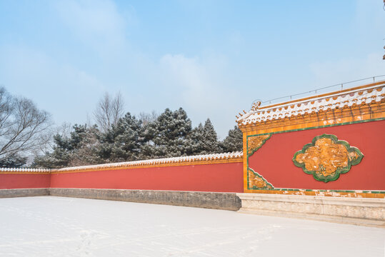 The ancient buildings of Qing Zhaoling Mausoleum in Shenyang, Liaoning province, China, after winter snow.