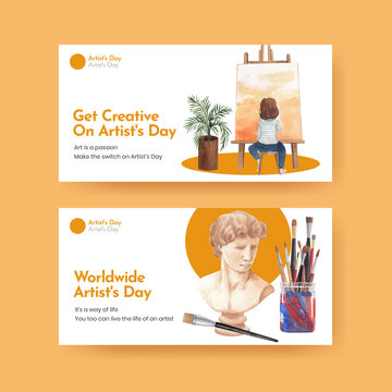Twitter template with international artists day concept,watercolor style