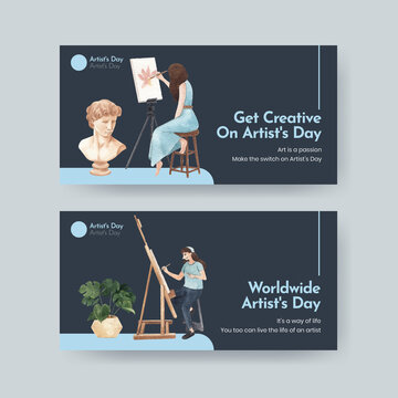 Twitter template with international artists day concept,watercolor style