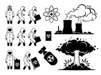 Modern History Atomic Age or Nuclear Age. Vector illustrations depict nuclear power plant, hazmat suit worker, radioactive waste, atom nuclear bomb, and big mushroom cloud explosion.