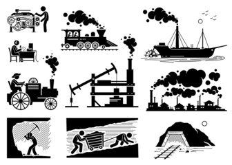 Modern History Industrial Age or Industrial Revolution Technology Development. Vector illustrations of steam engine, coal mining, power loom machine, radio broadcasting, and factory smoke. - obrazy, fototapety, plakaty