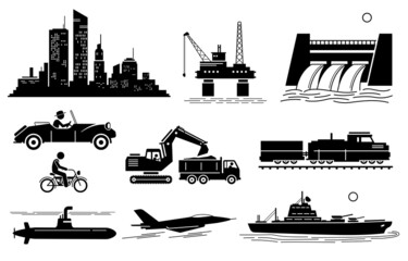 Modern History Machine Age, Age of Oil and Jet Age. Vector illustration depicts city skyscraper, oil platform, hydroelectric dam, vintage car, bike, earthmover, train, submarine, jet, and warship.