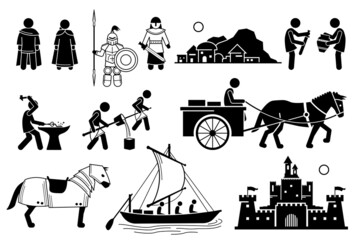 Ancient History Iron Age Medieval Human Civilization in Middle Age. Vector illustrations depict human technology development during the Iron Age and medieval people from the Middle Age.