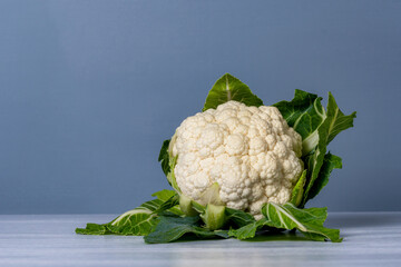 fresh cauliflower with leaves isolated on a white table and blue background