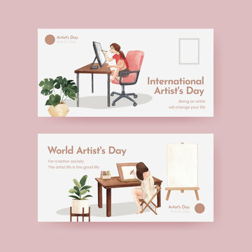 Twitter template with international artists day concept,watercolor style