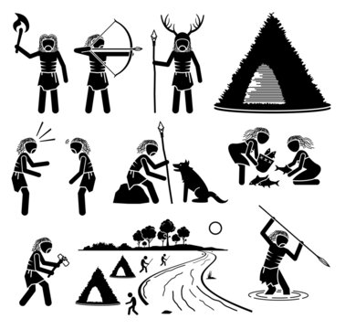 Prehistory Prehistoric Mesolithic Middle Stone Age Ancient Human. Vector Illustrations Depict Primitive Human People From Middle Stone Age Of The Mesolithic Time Period Era.