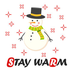 Creative hand drawn card with cute Snowman. Card for winter holidays. Vector cartoon illustration.