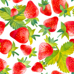 Watercolor strawberry seamless pattern, hand painted fruits and leaves on a white background, decorative botanical illustrations