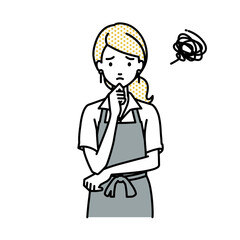 立って手をあごにあてて困っているカフェ店員の女性