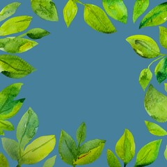 Fototapeta premium Sfondo banner quadrato azzurro con cornice di foglie verdi acquerello 