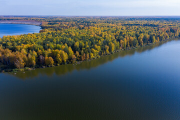 Aerial top view of beautiful lake surrounded by colorful forest in autumn