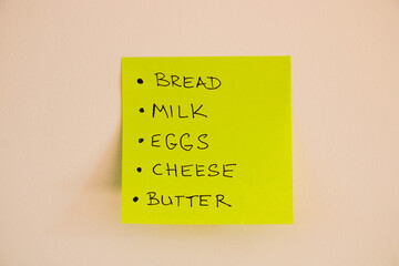 Yellow adhesive note with basic shopping list on the wall