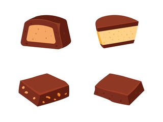 A set of chocolates with a filling in the cut and pieces of chocolate with nuts and without