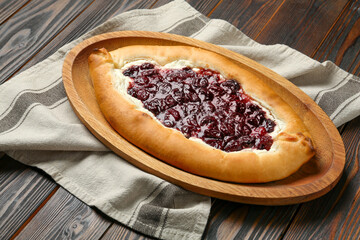 Delicious sweet cottage cheese pastry with cherry jam on wooden table