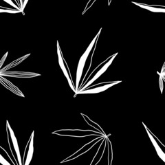 White leaves on a black background. Seamless pattern in doodle style.