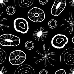 A seamless pattern with abstract elements: molecules, bacteria, microbes. White elements on a black background. Print for textiles, paper, fabric.