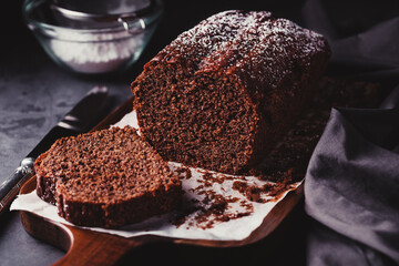 Chocolate cake on cutting table