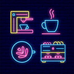 Barista espresso machine and coffee cup neon light icon set. Night bright signboard. Vector illustration