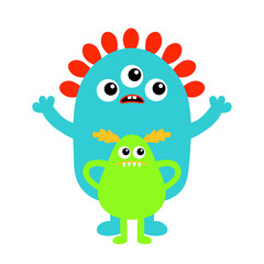 Monster friend icon set. Happy Halloween. Cute face head. Eyes, horns, fang tooth. Cartoon boo spooky character. Kawaii funny baby. Blue green silhouette. Flat design. White background