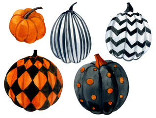 Watercolor clip art, pumpkins for Halloween with an ornament. Pumpkins are white, black, orange.