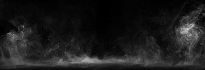 Panoramic view of the abstract fog. White cloudiness, mist or smog moves on black background. Beautiful swirling gray smoke. Mockup for your logo. Wide angle horizontal wallpaper or web banner. - obrazy, fototapety, plakaty