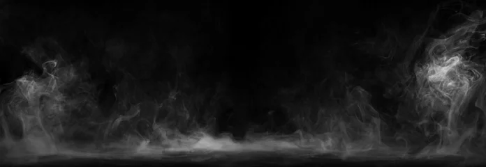 Wall murals Smoke Panoramic view of the abstract fog. White cloudiness, mist or smog moves on black background. Beautiful swirling gray smoke. Mockup for your logo. Wide angle horizontal wallpaper or web banner.