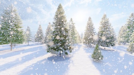 Christmas winter background snowflakes falling down on fir-trees 3d render