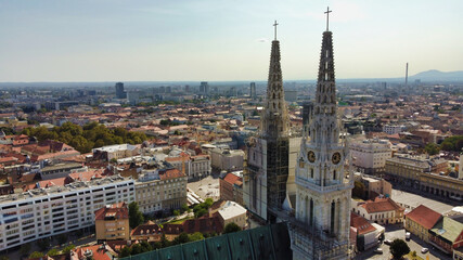 Fototapeta na wymiar View of the houses in the historic center and the towers of the Zagreb Cathedral. Croatia. Europe