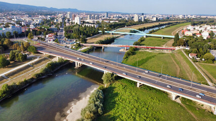 View of the bridges over the Sava river. Adriatic bridge (Jadranski most) then Savski most and The...