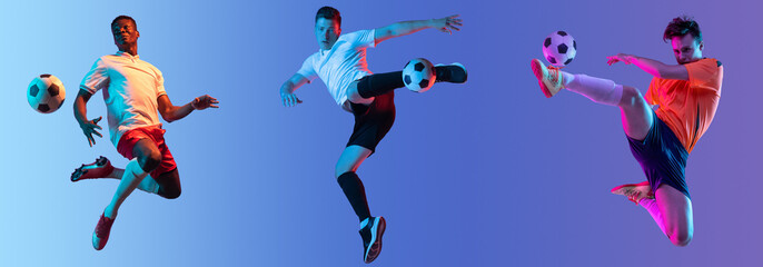 Sport collage. Young men, professional soccer players in action training isolated over purple studio background in neon light. Flyer. Concept of sport, competition