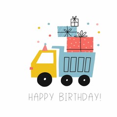 Cute cartoon car - Happy Birthday vector print. Cars, truck on birthday party with gifts, balls and cake
