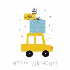 Poster Cute cartoon car - Happy Birthday vector print. Cars, truck on birthday party with gifts, balls and cake © webmuza