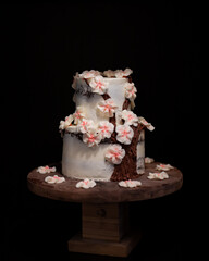 Small Cherry Blossom Wedding Cake on Walnut Cake Stand