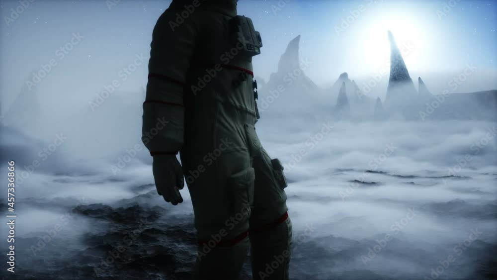 Poster astronaut on alien planet. mars surface. space travel. realistic 4k animation.